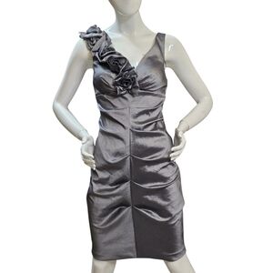 Xscape Metallic Silver Gray One Shoulder Cocktail Dress with Rosette Detail Sz 8